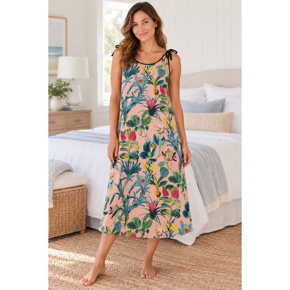 Katie Kime Pink Tropical Botanical Maxi Dress Nightgown M Boho Cottagecore